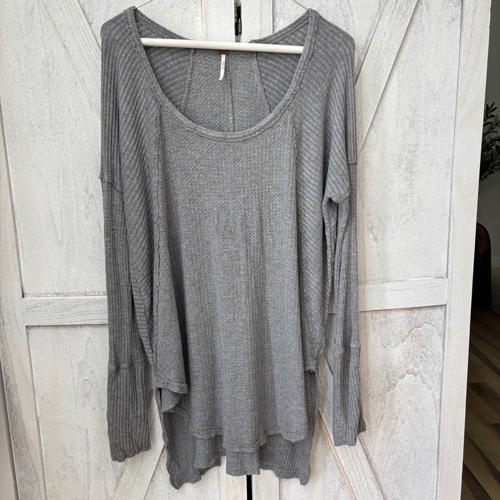 Free People Waffle Knit Top Women’s Large Gray Thermal Long Sleeve Tunic - Picture 7 of 7